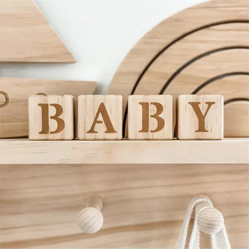 4Pcs/Set Nordic Style Beech Wood Blocks Uppercase and Lowercase Baby Double-Sided Engraving Artistic Wood Block Decoration Home Room Shelf Decoration Ornaments Room Letter Wood Block Ornaments Wooden Crafts Christmas H