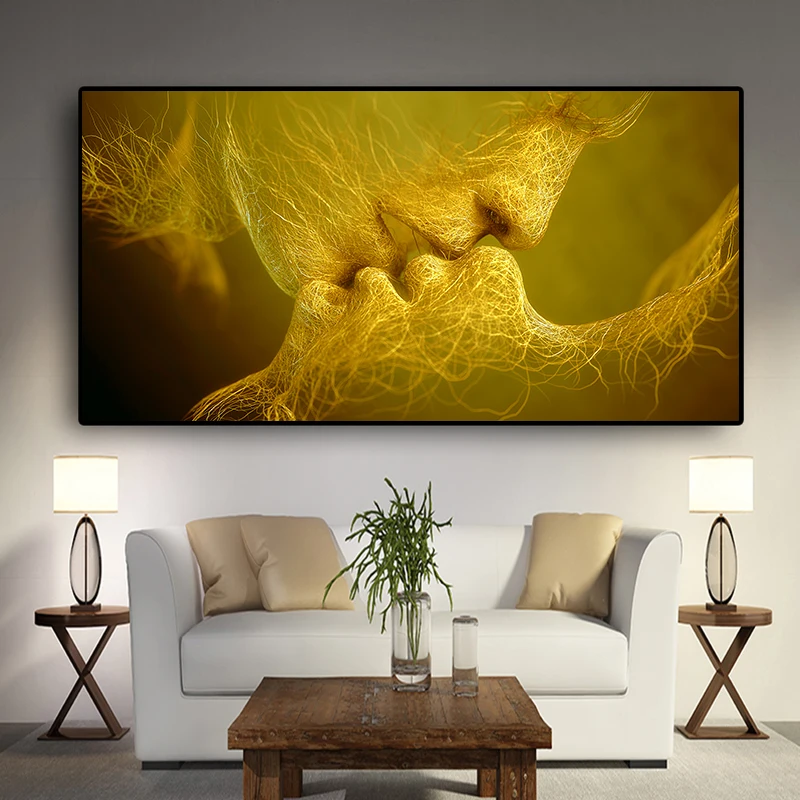 Golden And Black Love Kiss Oil Painting on Canvas Posters and Prints Cuadros Wall Art Pictures For Home Bedroom Living Room