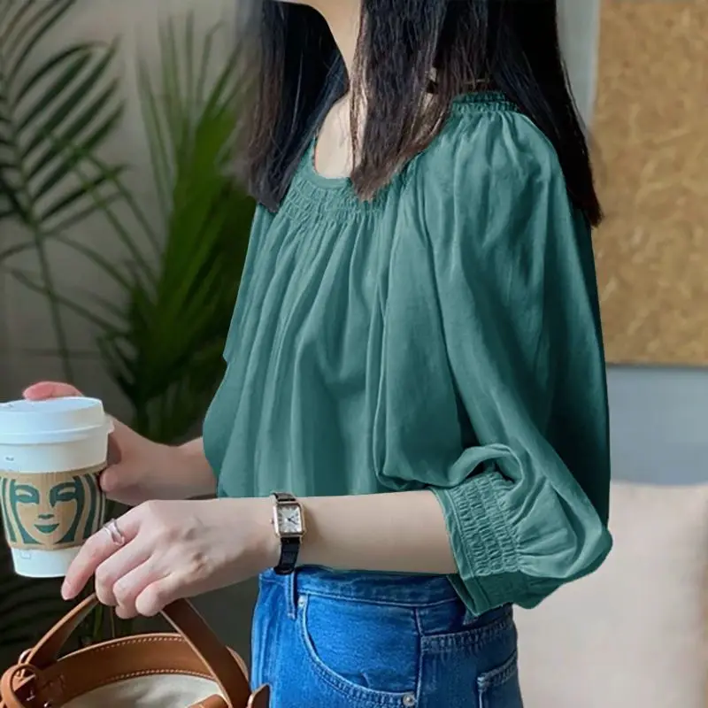 Ice Silk Round Neck Simple Solid Short Sleeved Chiffon Shirt for Women\'s Summer Large Loose Slimming Fashion T-shirt Casual Top