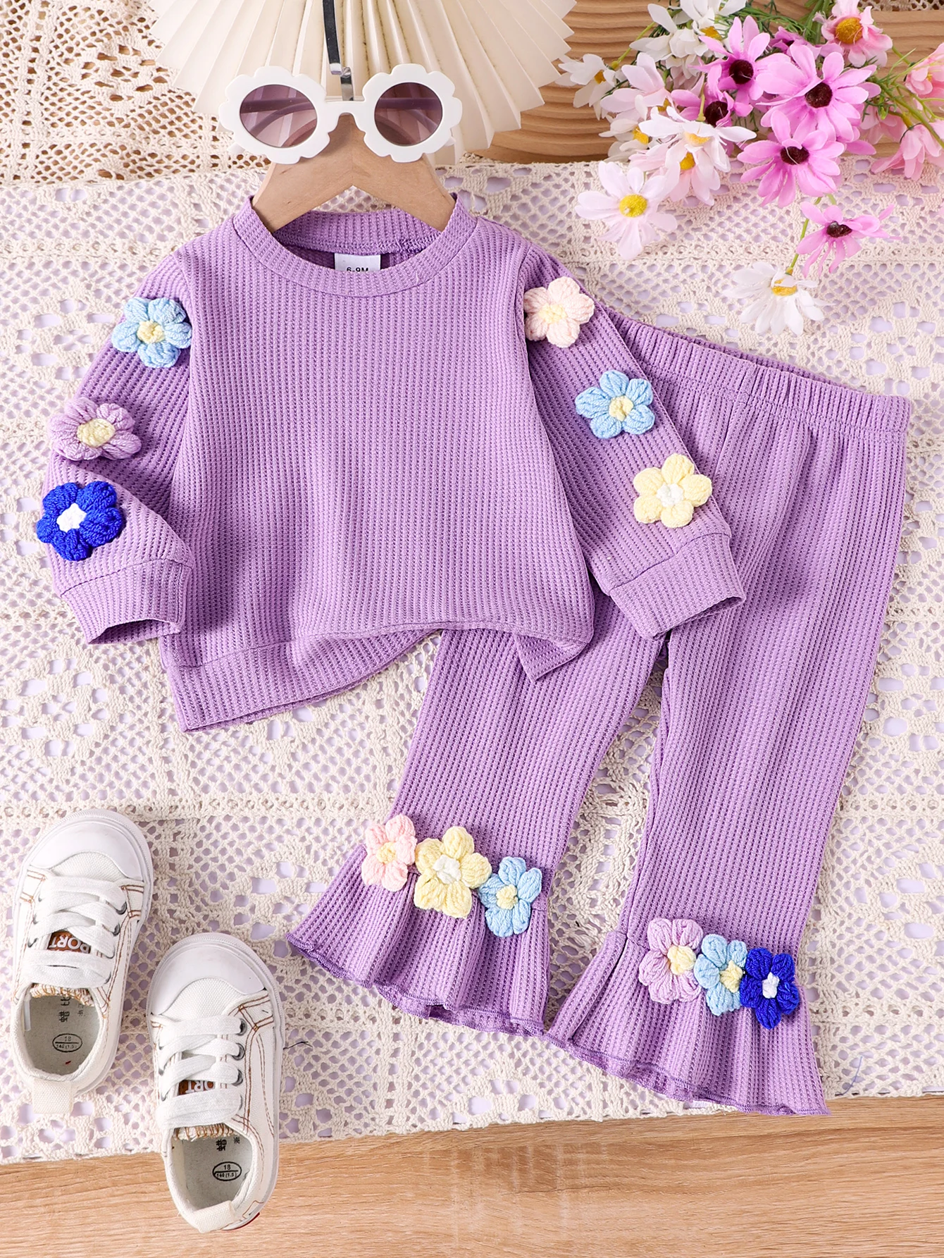 2PCS  Spring And Autumn New Style Girls 1-3 Years Old Comfortable Casual Purple Waffle Top + Pantsuit