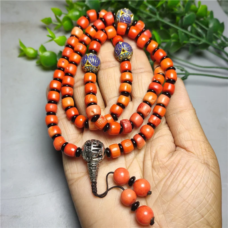 Tibetan- coral cylindrical wheel barrel bead bracelet and vintage ethnic-style necklace