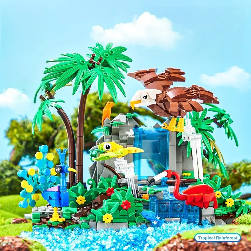 

898PCS Rainforest Building Block Toy Set, Realistic Nature and Animals, Home Decoration and Construction Game, Holiday Gift