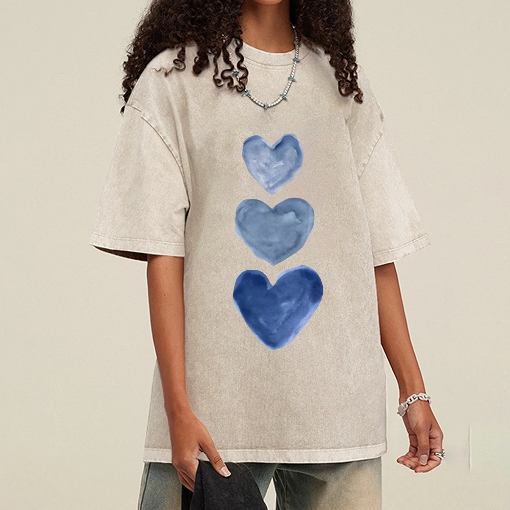 

Y2K Graphic Tees Blue Hearts Tee 100% Cotton, High - Quality Oversize Light Tee. Watercolor Hearts Print, Trendy Y2K Vibe.