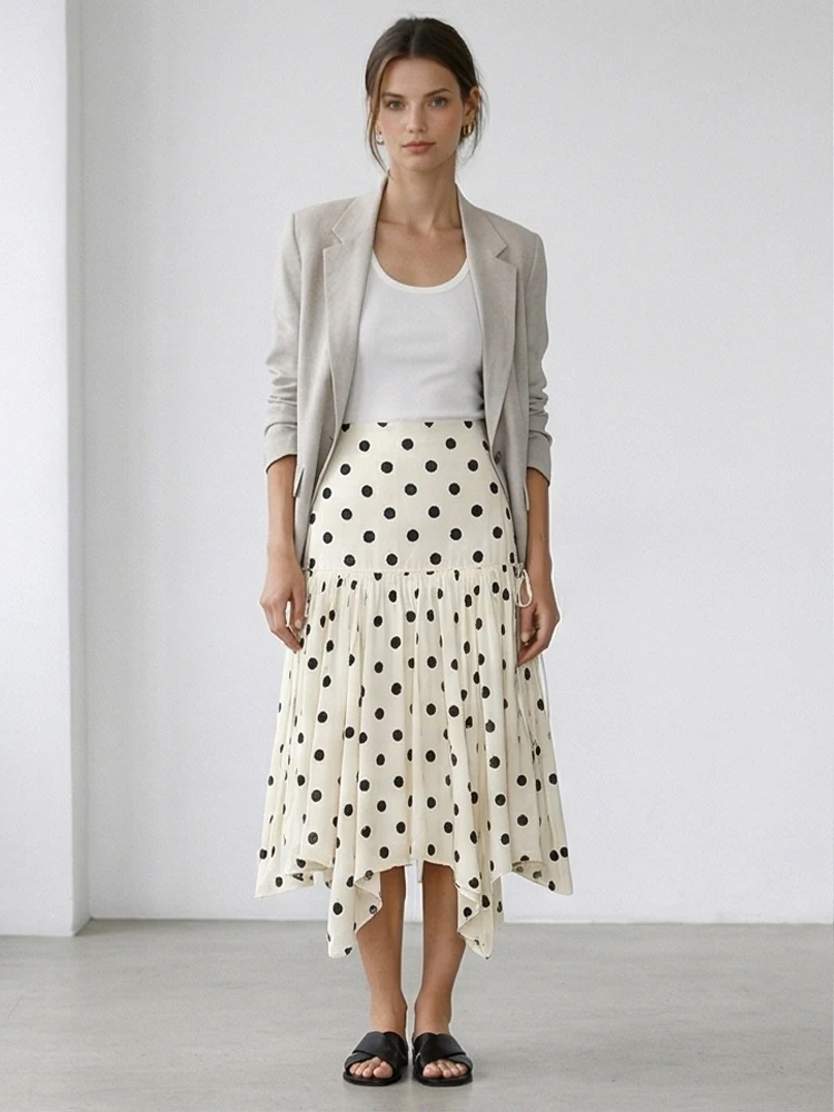 DUOPERI Women Fashion Dot Printed Pleated Asymmetrical Midi Skirt Vintage High Waist Side Zipper Female Chic Lady Skirts