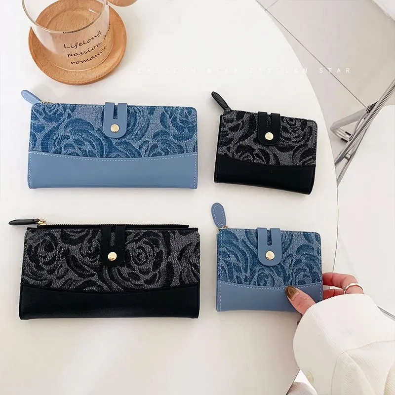 Fashionable and Exquisite Denim Pattern Women's Leather RFID Blocking Zipper Pocket Wallet Ladies Credit Card Slots Purse