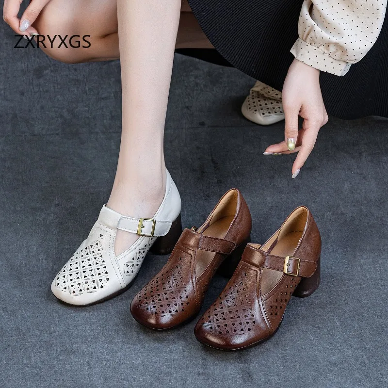 

ZXRYXGS 2026 New Summer Round Toe Hollow Women Sandal Shoes Top Layer Cowhide Leather Sandals Mid Heels Trendy Banquet Sandals