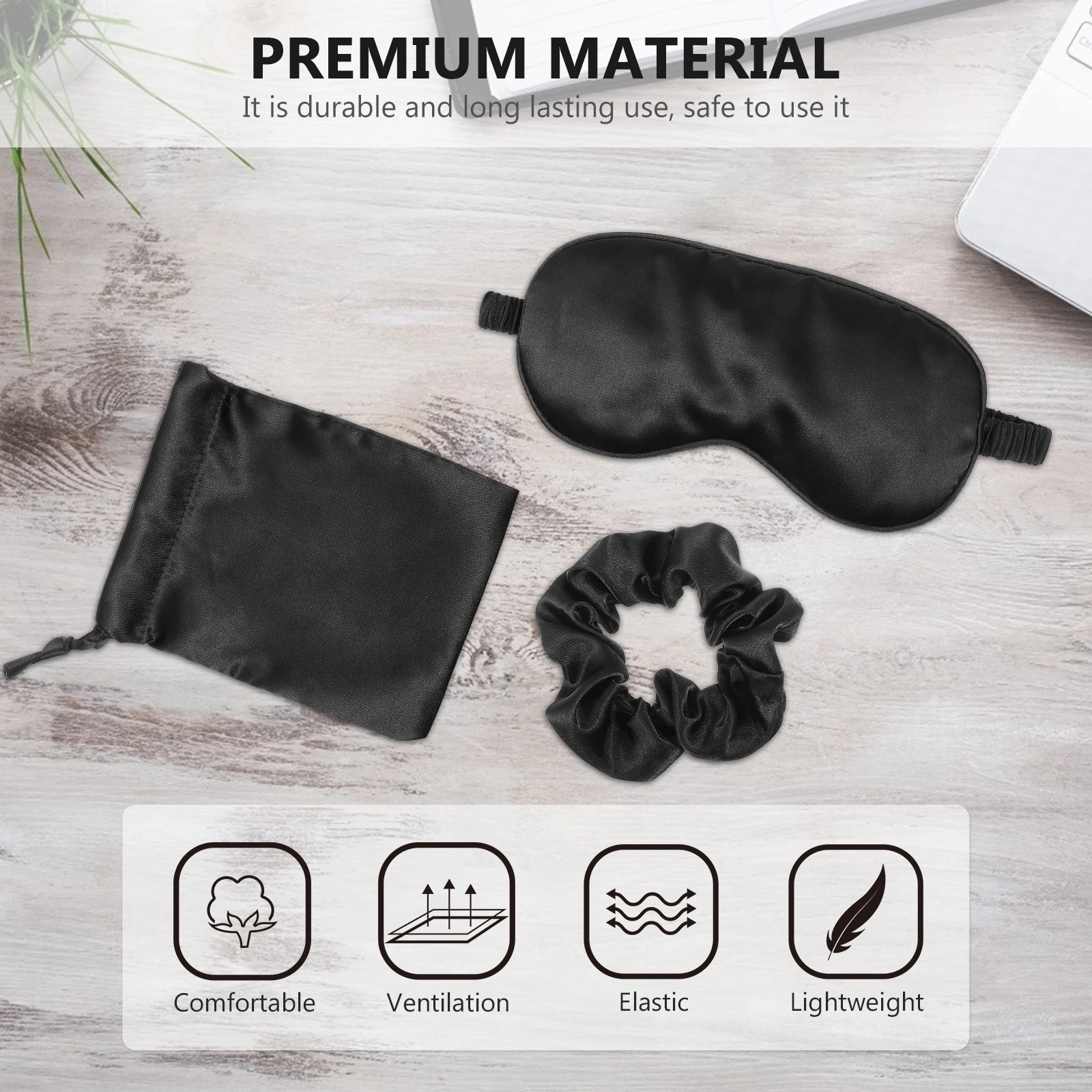 

3pcs Sleep Mask Eye Cover Black Elastic Headband Travel Blindfold Eyeshade Hair Ring Scarf Insomnia Aid Storage Bag