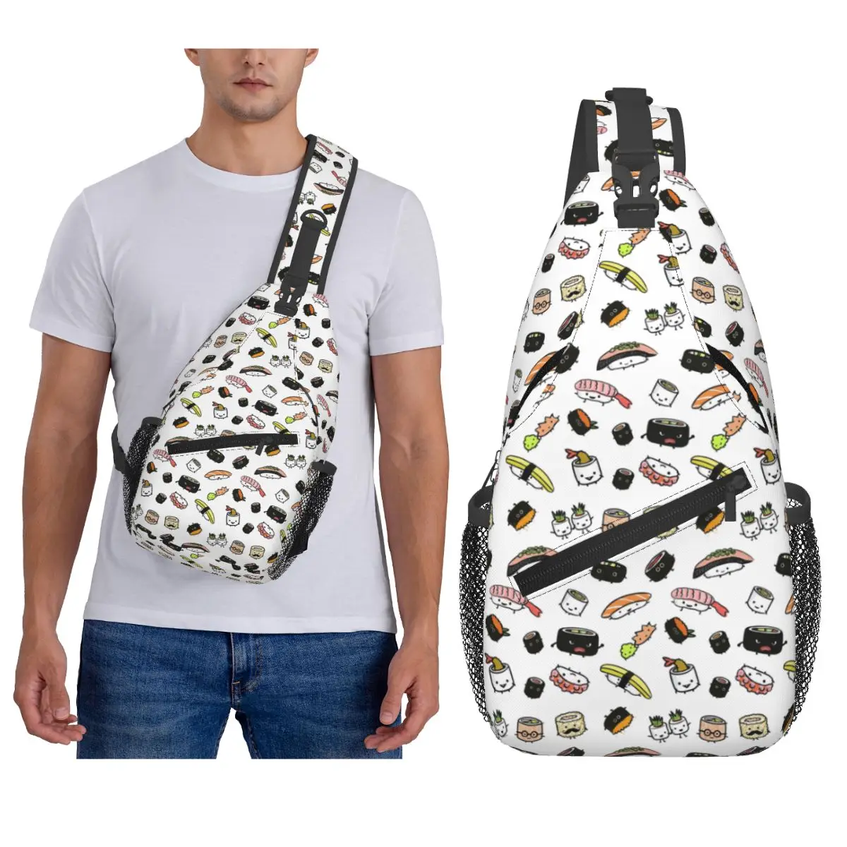 

Cute Sushi Characters Pattern Chest Bag Men Sling Crossbody Backpack Chest Bag Travel Hiking Daypack Shoulder Bag
