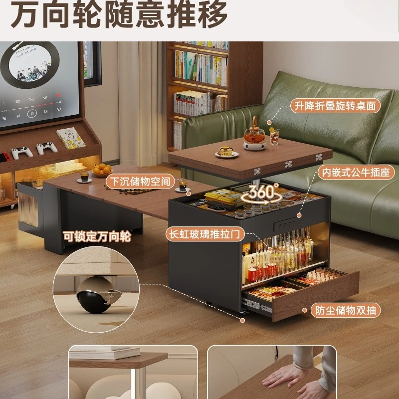 French Retro Movable Lifting Coffee Table Solid Wood Household Small Apartment Living Room Telescopic Folding Sofa Edge