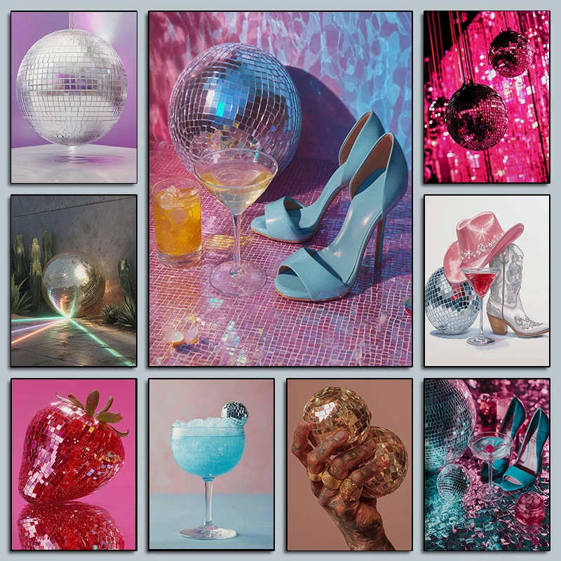 Retro Party Mirror Ball Posters High Heels Cocktails Modern Bar Prints Canvas Painting Wall Art Pictures Home Living Room Decor
