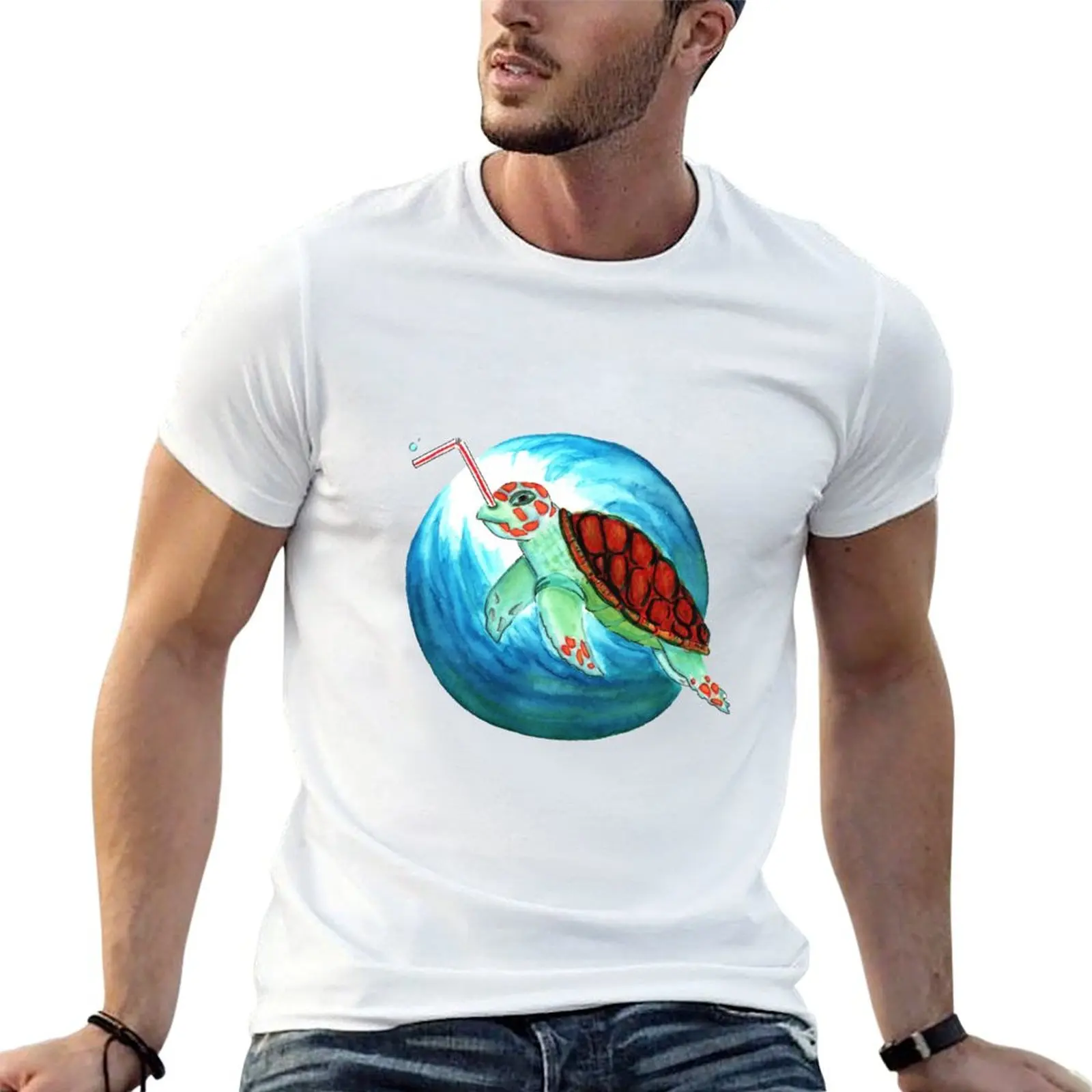 sea turtle bubble straw pollution T-Shirt All Weather Casual Short Sleeve