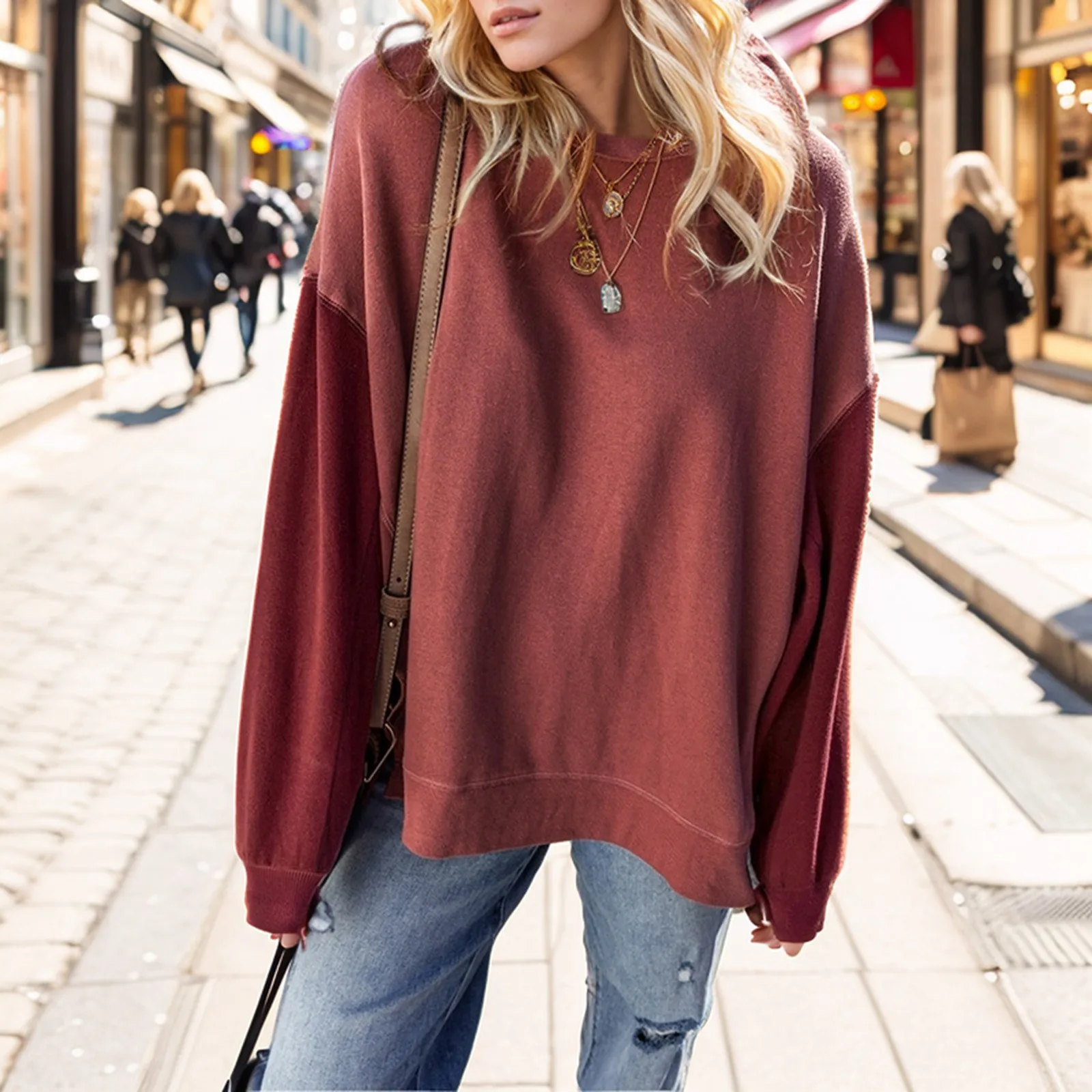 Plus Size Women's Lantern Sleeve Contrast Long Sleeve Pullover Top Fashion Autumn and Winter Color Collision Sweatshirt Women