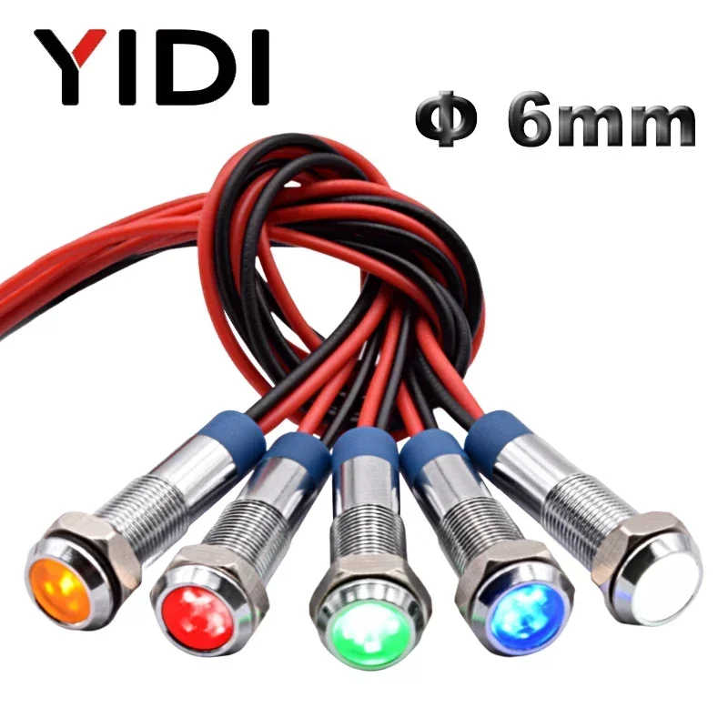 5pcs 6mm Flat Head LED Metal Indicator Signal Lamp 6V 12V 24V 110V 220V Pilot Light Red Green Blue Amber White With Lead Wire