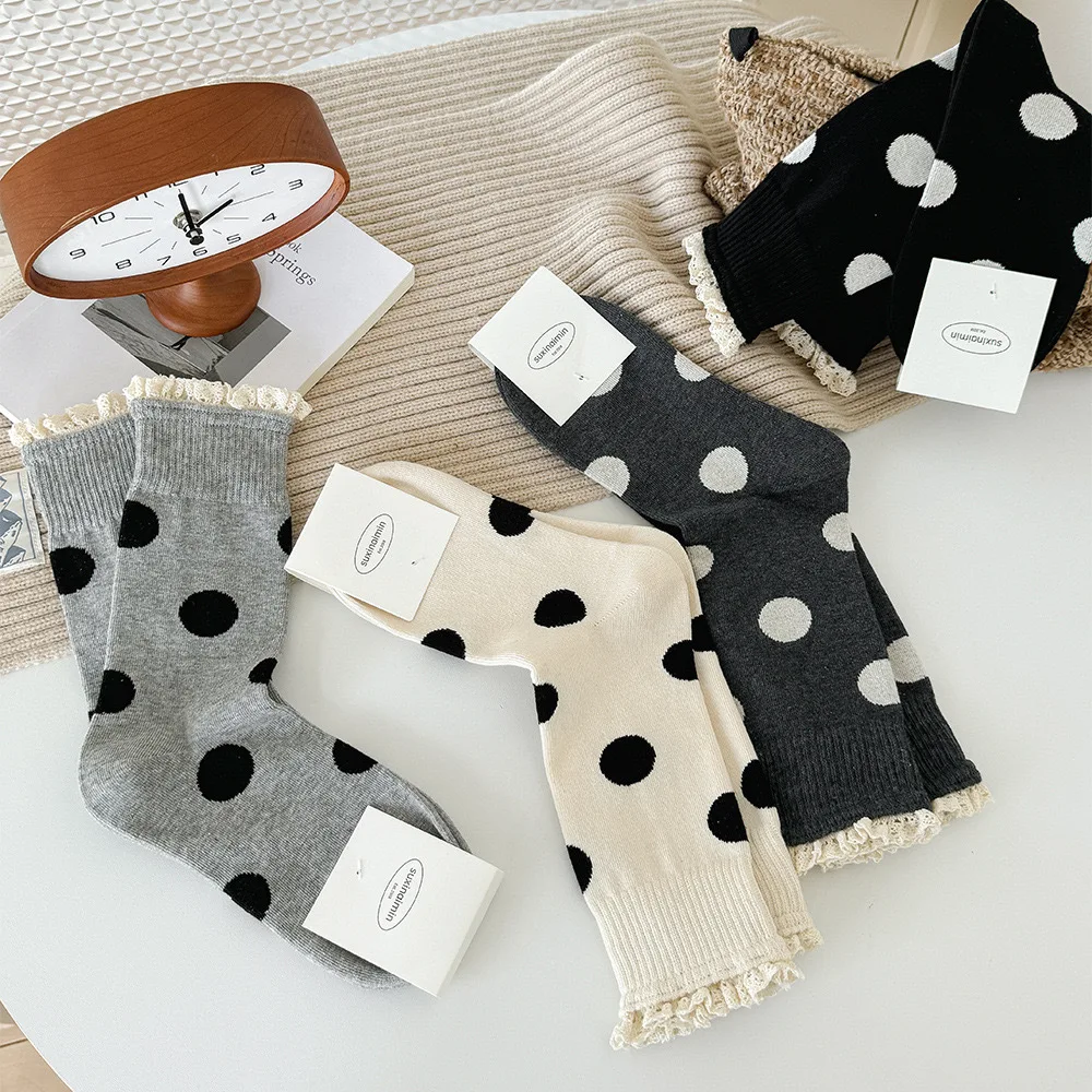 7 Pairs Fashion Dot Mid-calf Coquette Socks Autumn Cotton Sweet Cute Cozy Women's Warm Socks Female Spring Casual Warm Socks