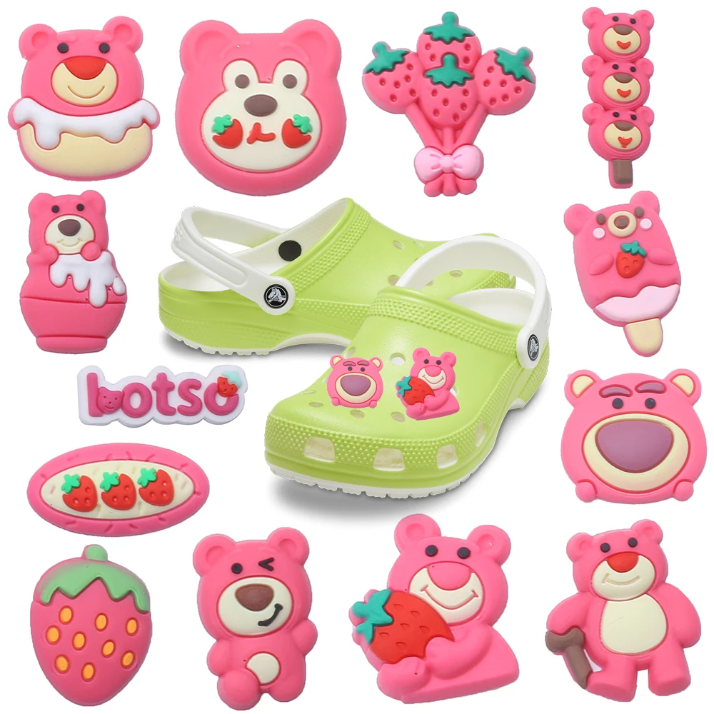 Hot Sales 1-13Pcs PVC Cute Strawberry Bear Shoe Charms Multicolor Buckle Clog Shoe Accessories Fit X-mas Gift