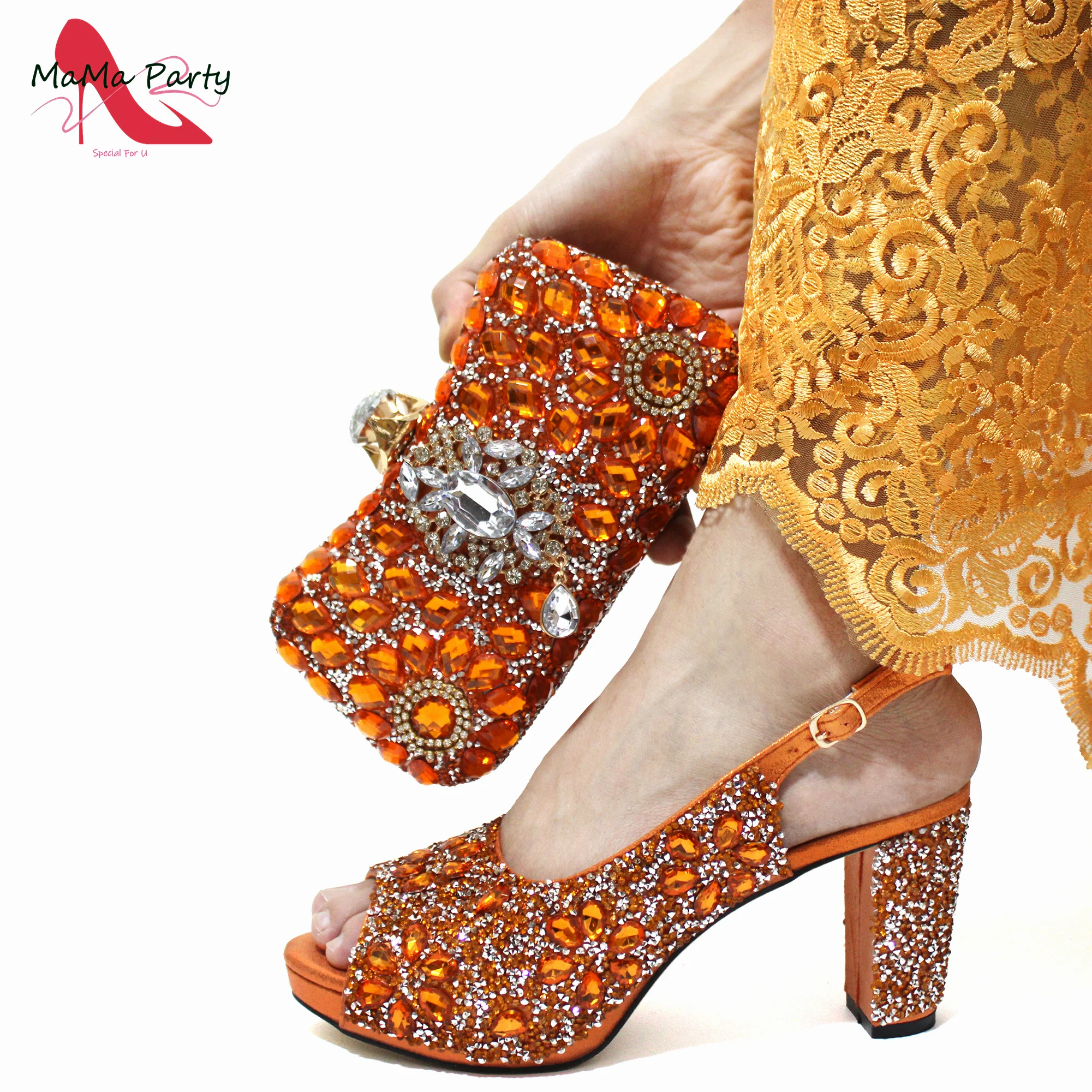 Nigerian Women Shoes and Bag Set in Orange Color 2024 INS Hot Sweet Style Special Design with Shinning Crystal for Wedding Part