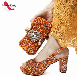 Nigerian Women Shoes and Bag Set in Orange Color 2024 INS Hot Sweet Style Special Design with Shinning Crystal for Wedding Part