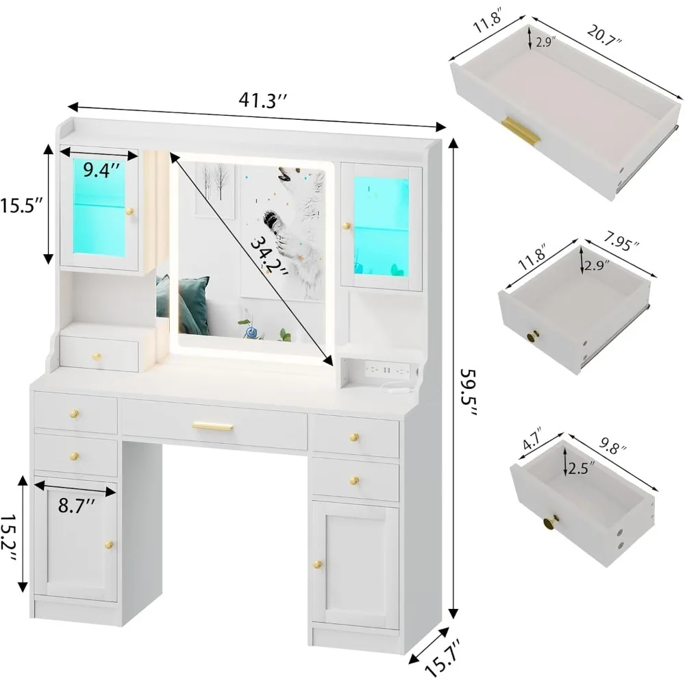 Vanity Desk with Mirror, Make up Vanity Mirror with 3 Lights Mode and Brightness Adjusted, 6 Drawers,4 cabinets,2 RGB cabinets image 5