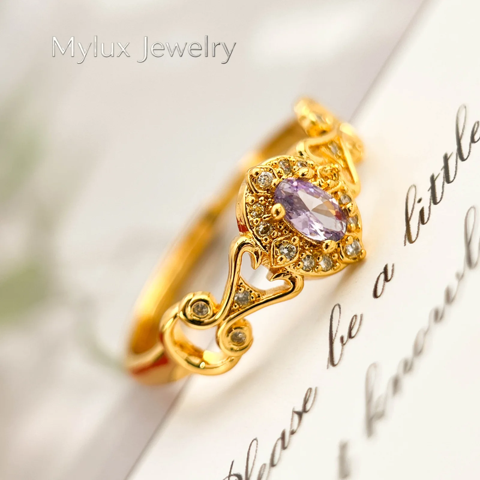 

Mylux Jewelry Light luxury jewelry 9999 24K real gold inlaid Chinese retro purple-red zircon ring hollow dot diamond palace styl