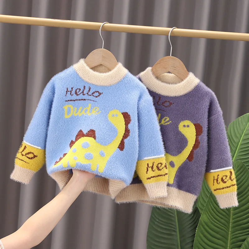 Hello Dinosaur Mink Cashmere Sweater for Kids Autumn Winter Knit Pullover Boys Plush Warm Knitwear Fashion Sweater