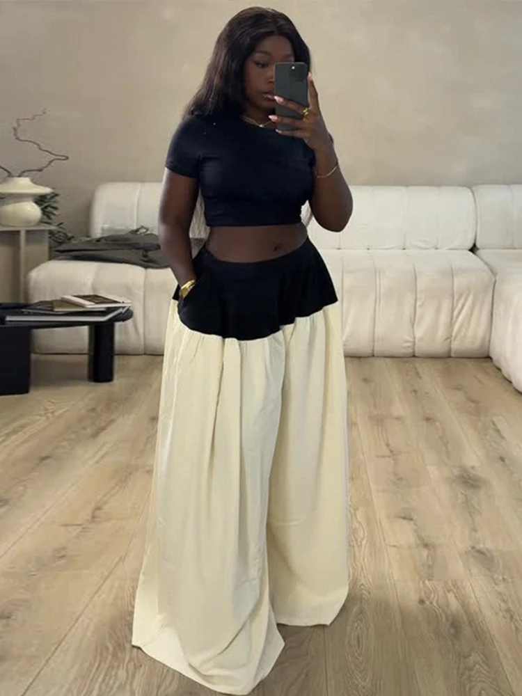 

Summer Suit for Ladies Casual Black Top and White Wide Leg Pant Sets Woman 2 Piece Outfit Classy Pants Set