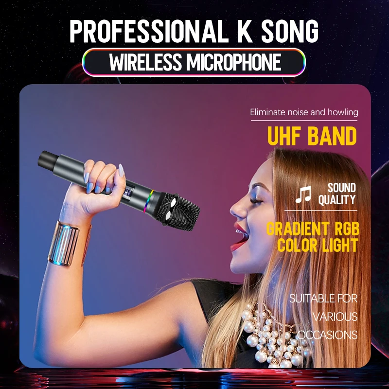 FUHAM ميكروفون لاسلكي 2-قناة RGB تأثير الضوء ميكروفون لاسلكي محمول نظام ميكروفون الكاريوكي مناسبة للحفلات