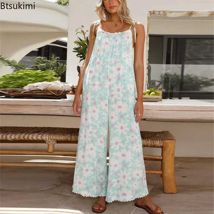 

2024 Women's Vacation Jumpsuit Breathable Jumpsuit Flower Print Lace-up Wide Leg Jumpsuit with Crotch Pockets for Women Vacation
