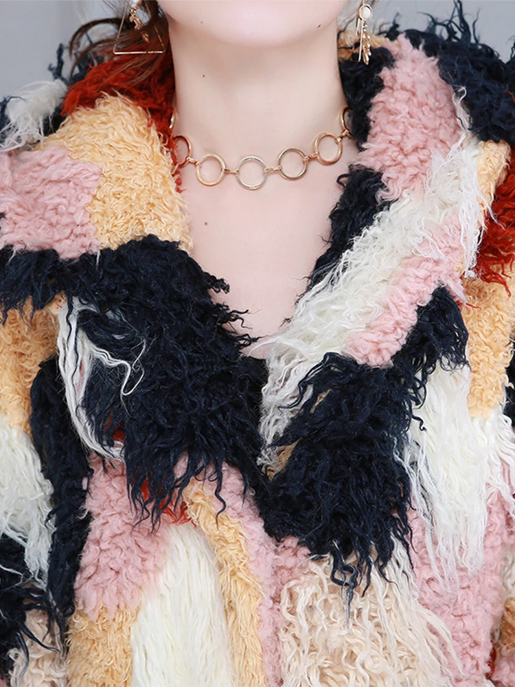 Nerazzurri Oversized Winter Long Asymmetrical Colorful Fluffy Faux fur Coat Women Shaggy Mongolian Sheep Fur Korean Fashion 2021