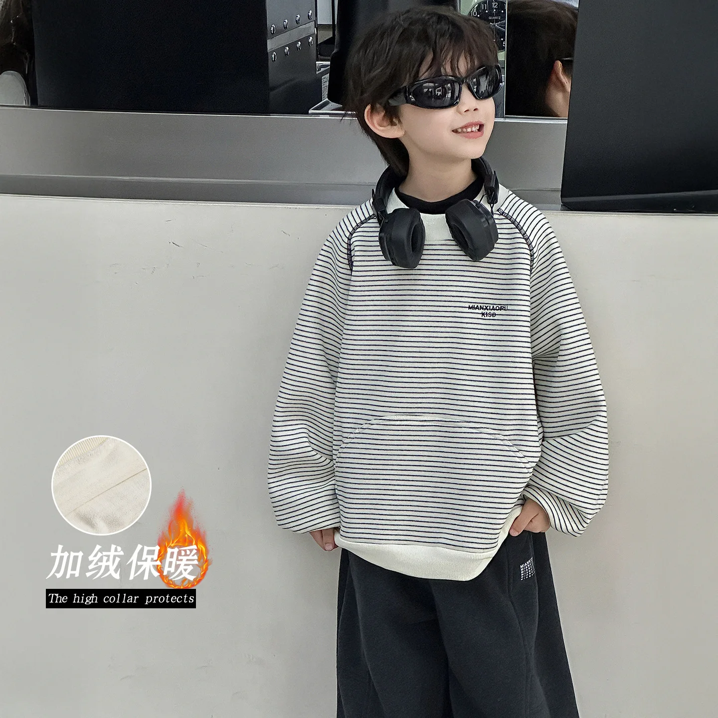 

Children Clothing Kids Korean Style Loose Simple Pullover 2025 New Autumn Winter Boys Striped Top Fashionable Casual Hoodie