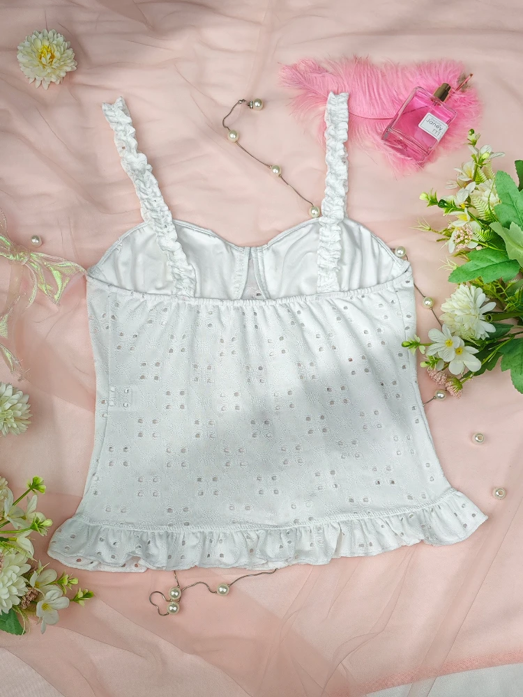 SsTss Stickerei Spitze Aushöhlen Camis Top für Frauen Sommer Weiß Geraffte Spaghetti Strap Ärmellose Dünne Süße Weibliche Tank Tops