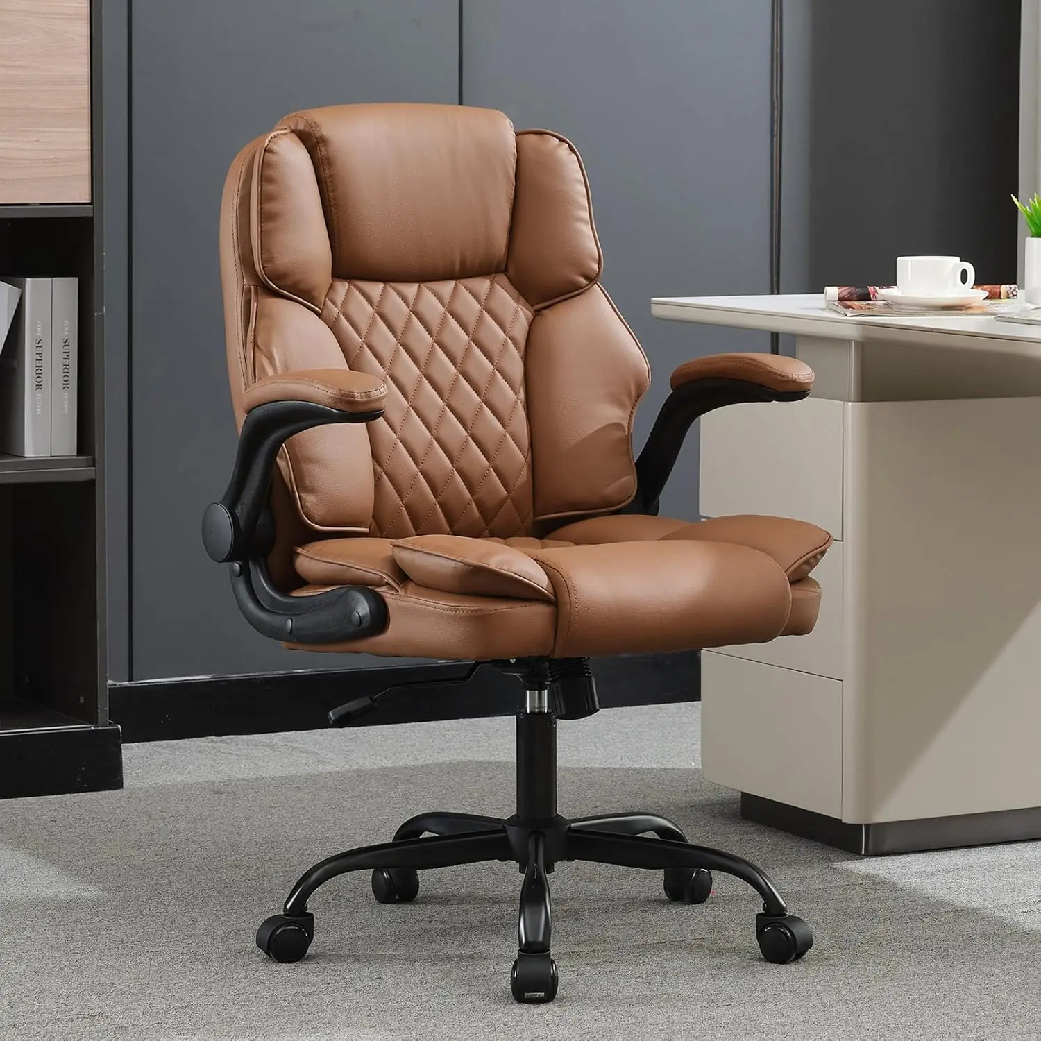 

Office Desk Chair,Mid Ba Executive Leather Chair, Ergonomic Home Computer Desk Chair With Adjustable Flip-Up Arms, Conference