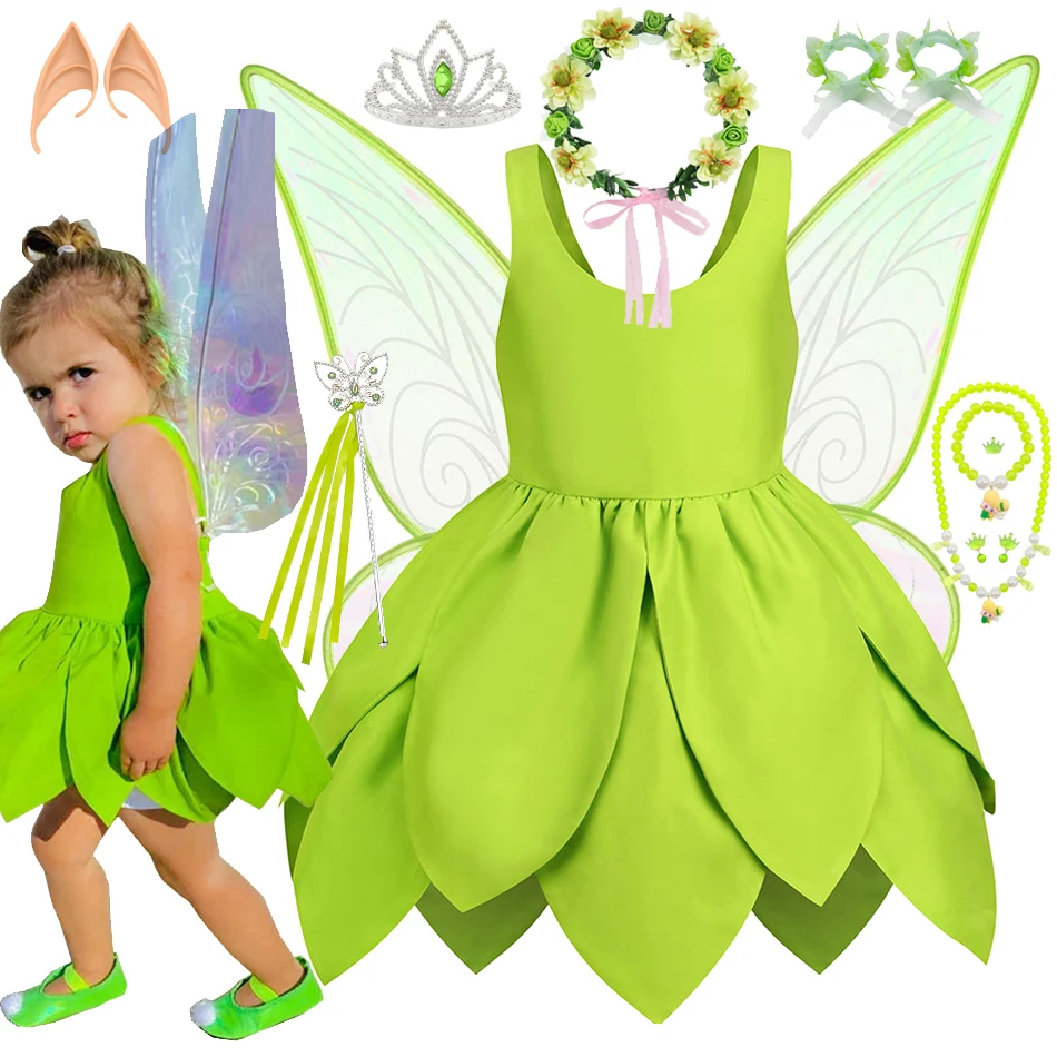 Fairy Tinker Bell Dress for Girls Princess Costume Kids Cosplay Green Flower Fairy Elf Wings TinkerBell Carnival Party Clothes