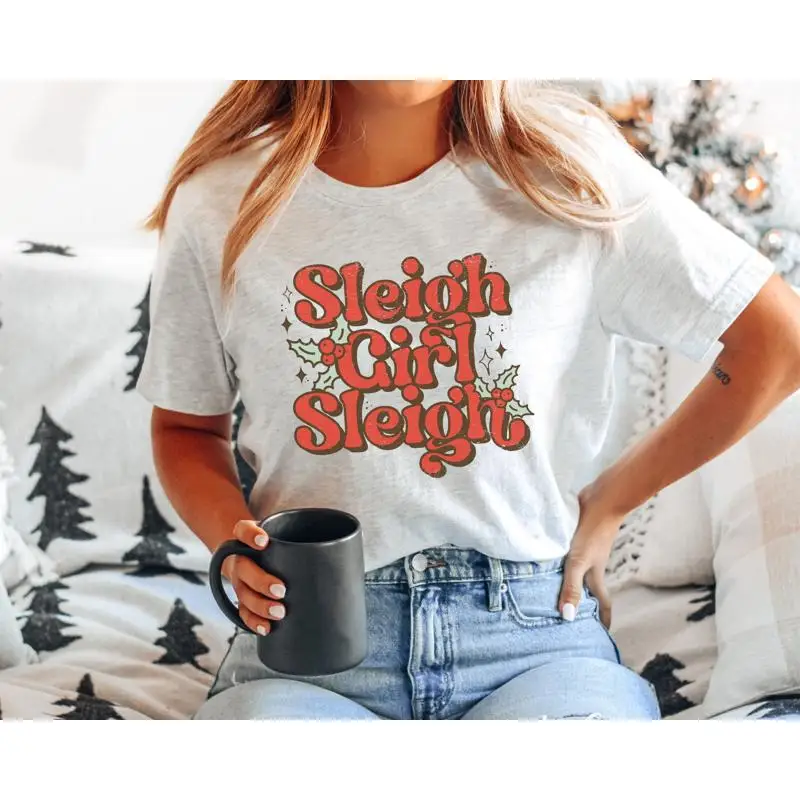 

Sleigh Girl T Shirt Funny Christmas Xmas Tops Cute Retro for Women Holiday