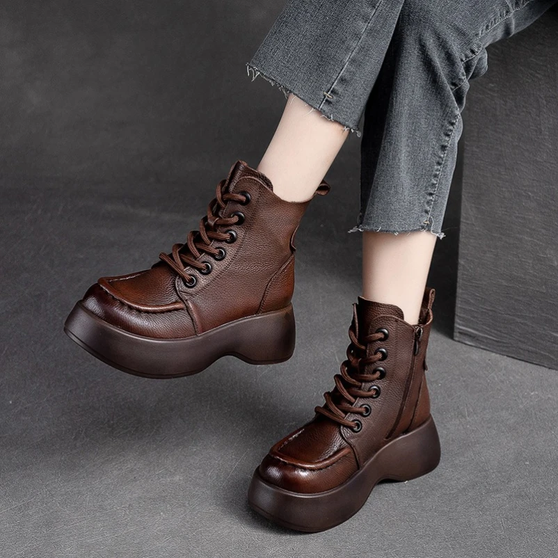 

2025 5.5cm Women Boots Cow Genuine Leather Wedge Ankle Ethnic ZIP Platform Moccasins Autumn Winter Plush Spring