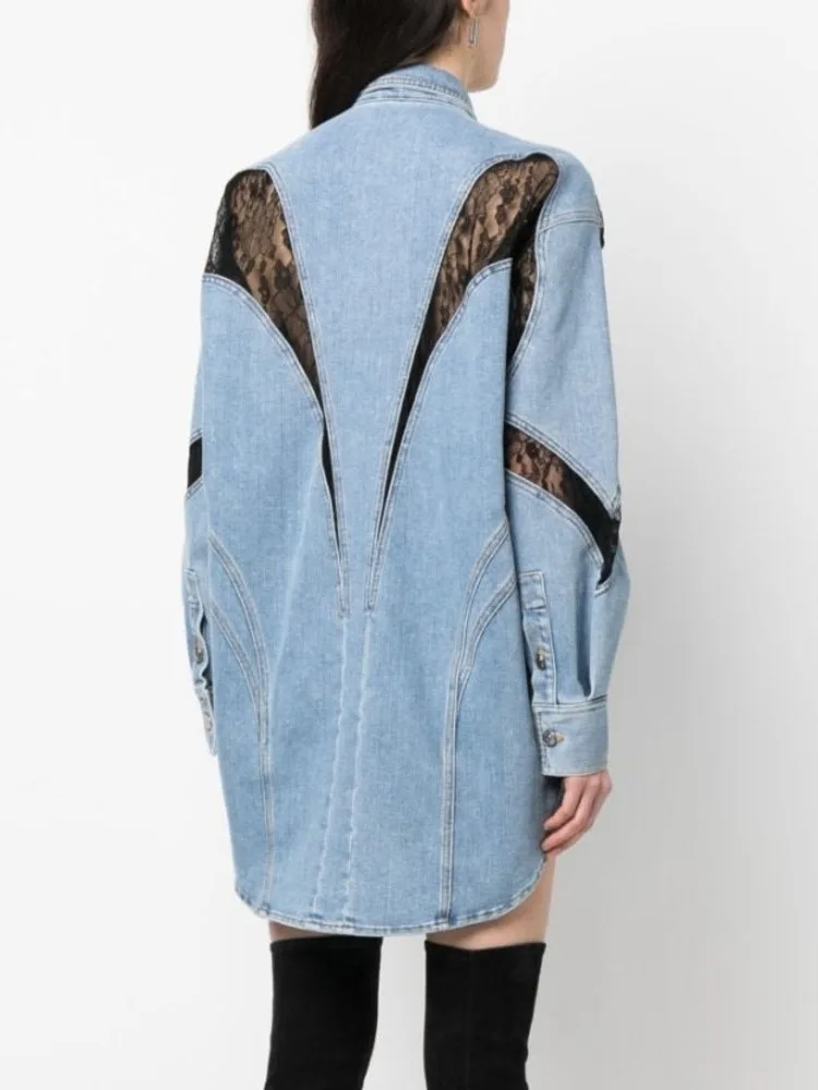 Zoci moda preto rendas retalhos denim jaqueta feminina lapela oco para fora único breasted irregular solto jaquetas novo fc1383