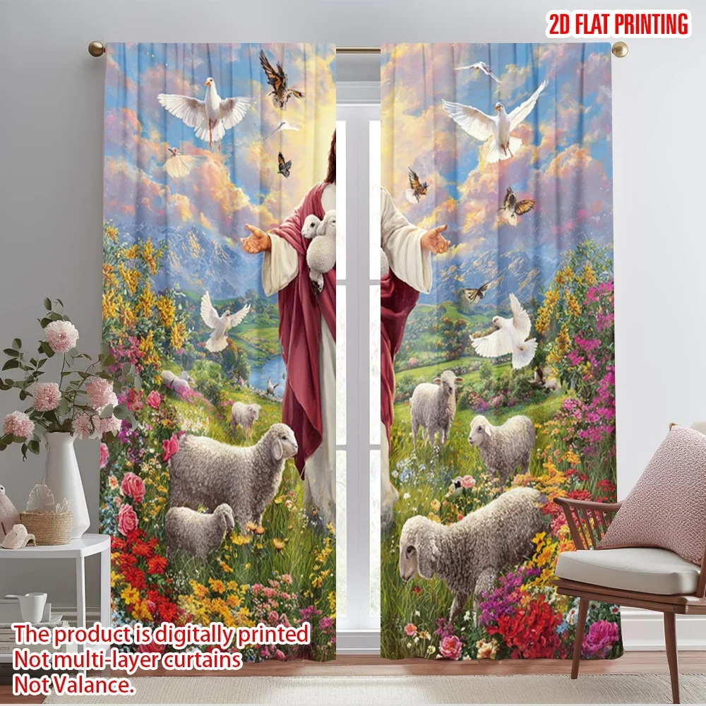 2pcs,2D plane printing Curtains Jesus the Good Shepherd Durable Polyester (without rod) Decorations For Home Ldeal for Bedroom