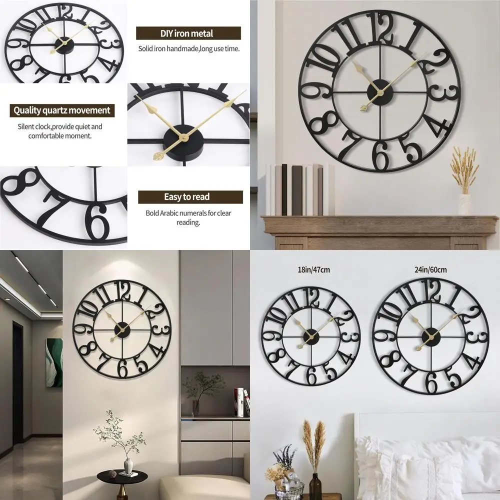 

24 Inch Round Silent Battery-Powered Wall Clock, Vintage Farmhouse Style Metal Clock for Home Decor