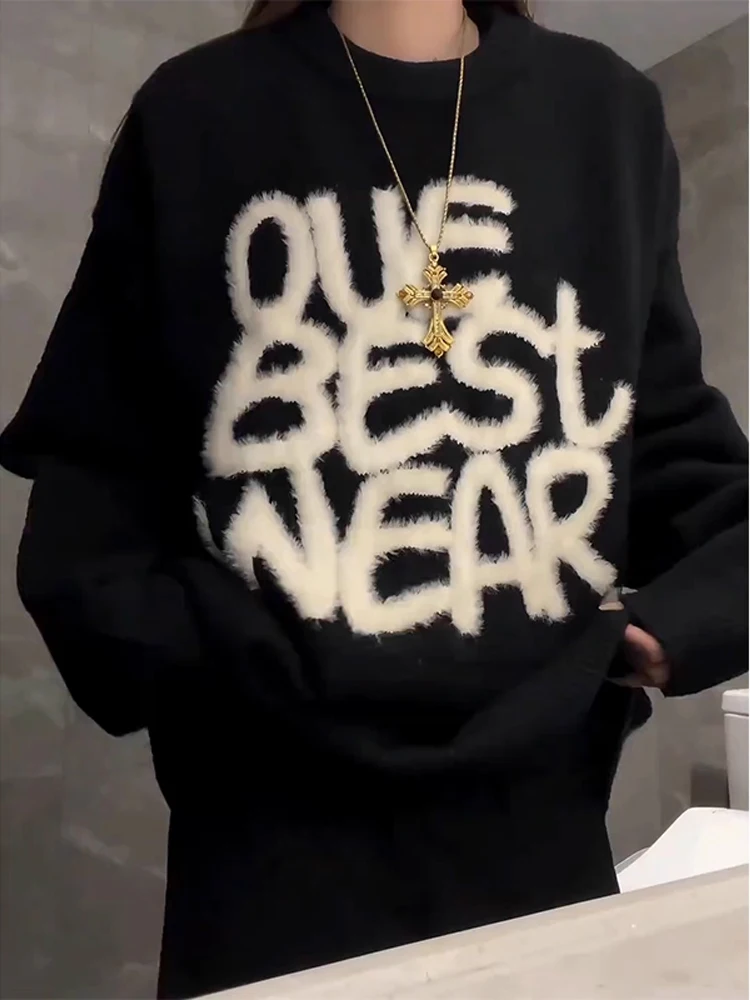 

American Sle Fce Letter round Ne Knitwear Men's Winter Trend Loose Lazy Couple Inner Wear Soft Cotton Polyester Nylon