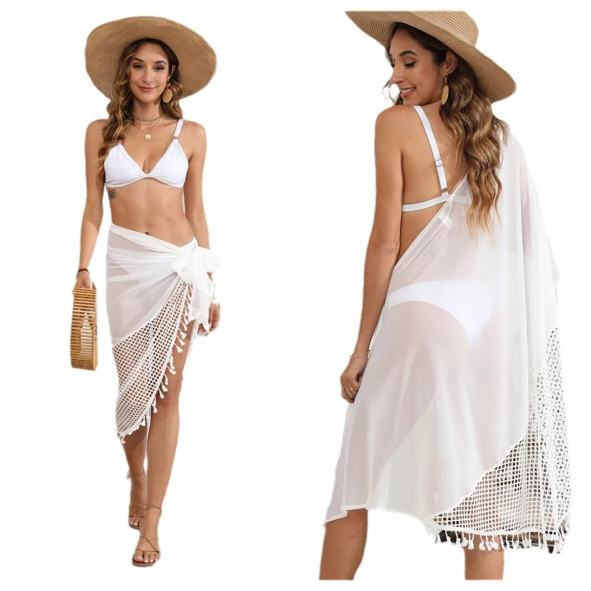 Women Tassel Trim Knot Side Bikini Cover Up Beachwear Sarongs Beach Wrap Hollow Out Mesh Chiffon Bikini Cover-Ups Swimwears