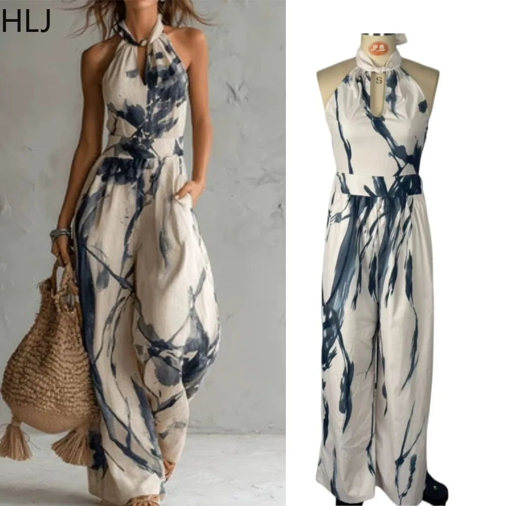 HLJ Sexy Ink Wash Abstract Print Halter Bodycon Jumpsuits for Women Mesh See Through Wide Leg Pants Rompers Streetwear Overalls
