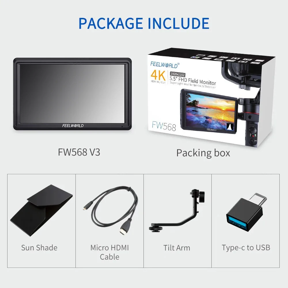 FEELWORLD FW568 V3 6인치 3D LUT DSLR 카메라 필드 모니터 IPS 풀 HD 1920X1080 HDMI 출력 지원 짐벌 리그용 틸트 암 포함