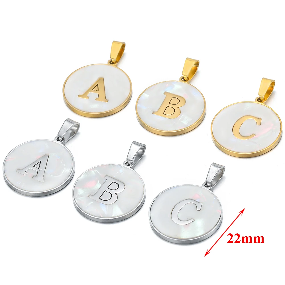 5Pcs Stainless Steel Round Shell English Letters Gold Color Charms Pendants for DIY Jewelry Making Necklace Earrings Supplies