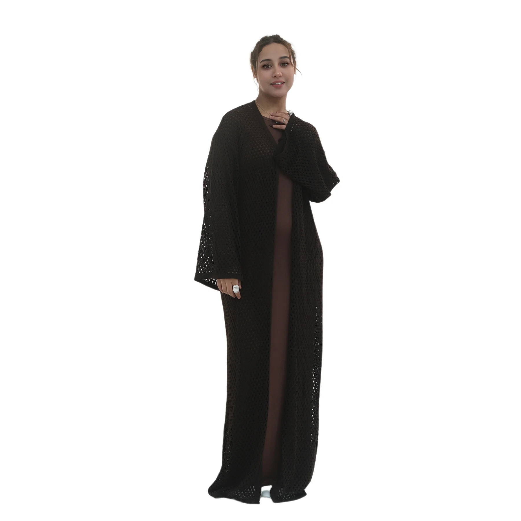 

Dubai Knit Hollow Out Middle East Muslim Robe Open Cardigan Women Modest Ethnic Abaya Dress Long Sleeve Islamic Clothing Arabic