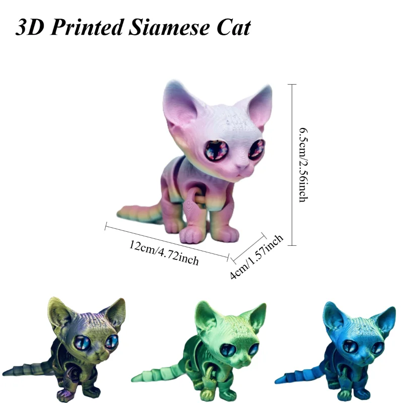 Drukowana w 3D Figurka Kota Syjamskiego z Ruchomymi Stawami, Zabawka Antystresowa, Dekoracja na Biurko, Figurka dla Dzieci i Dorosłych, Prezent