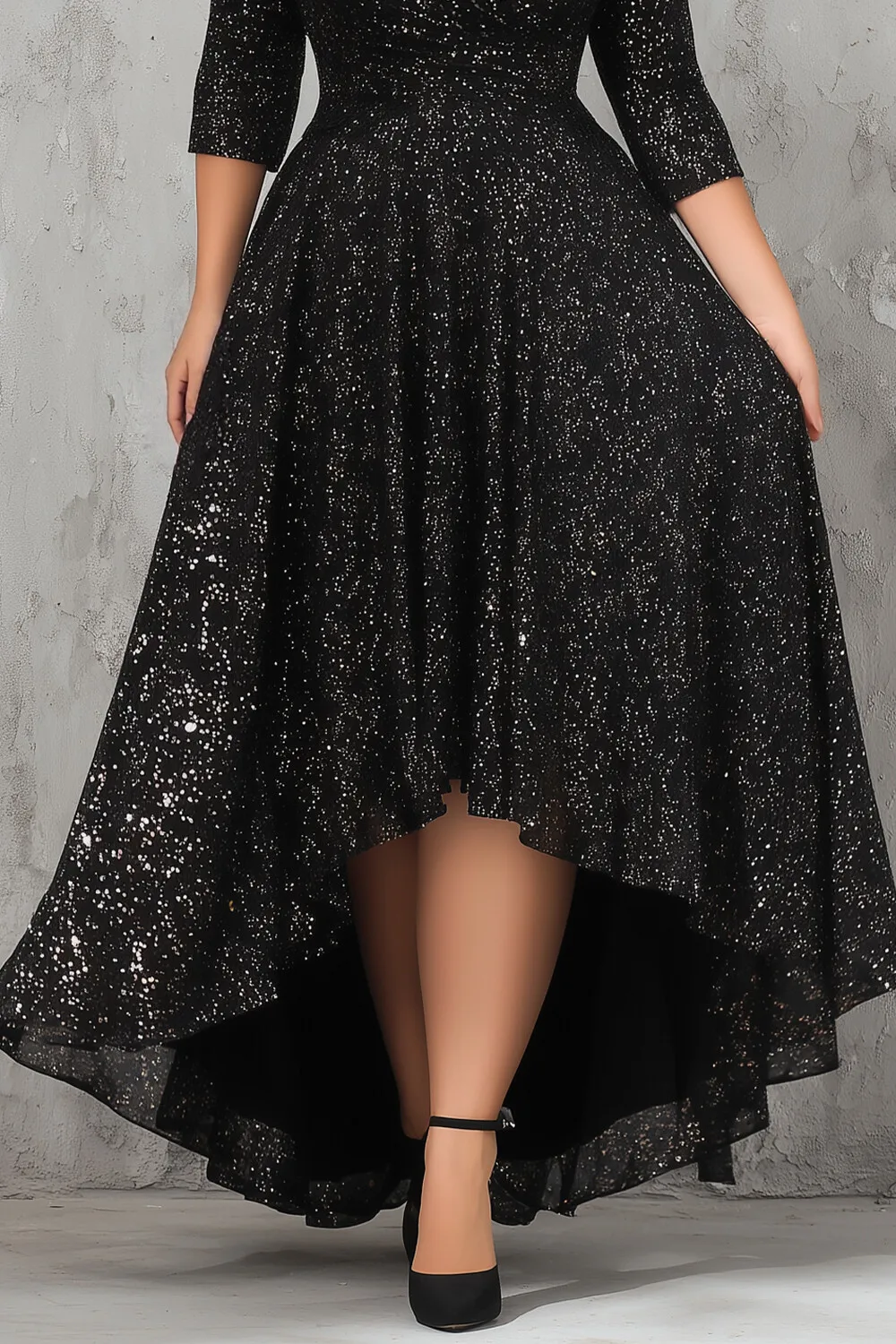 Flycurvy Plus Size Christmas Black Glitter Sparkly 3/4 Sleeve High Low Hem Maxi Dress