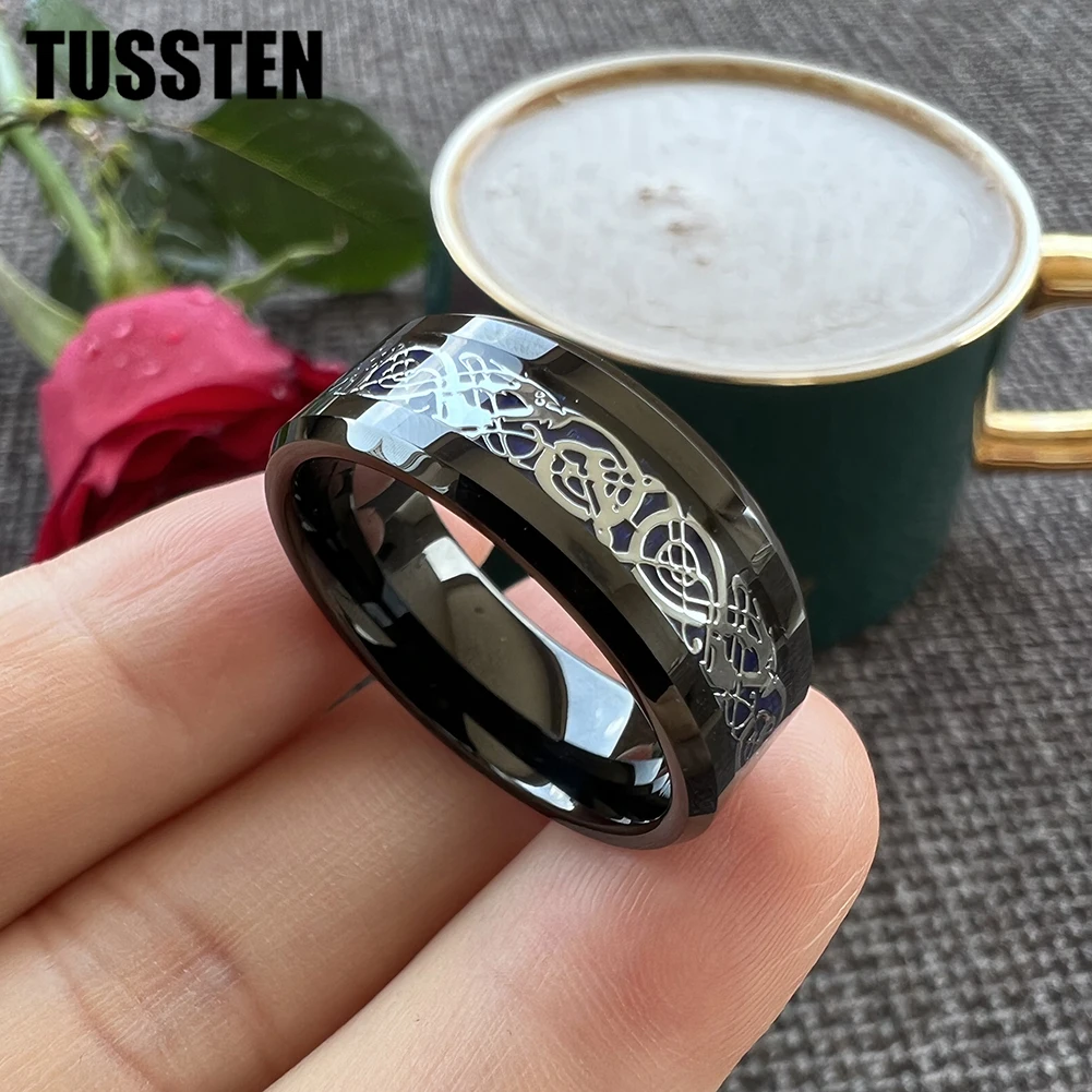 TUSSTEN-Anillo de dragón de 8MM para hombres y mujeres, banda de boda de tungsteno, bordes pulidos biselados, joyería clásica, envío directo