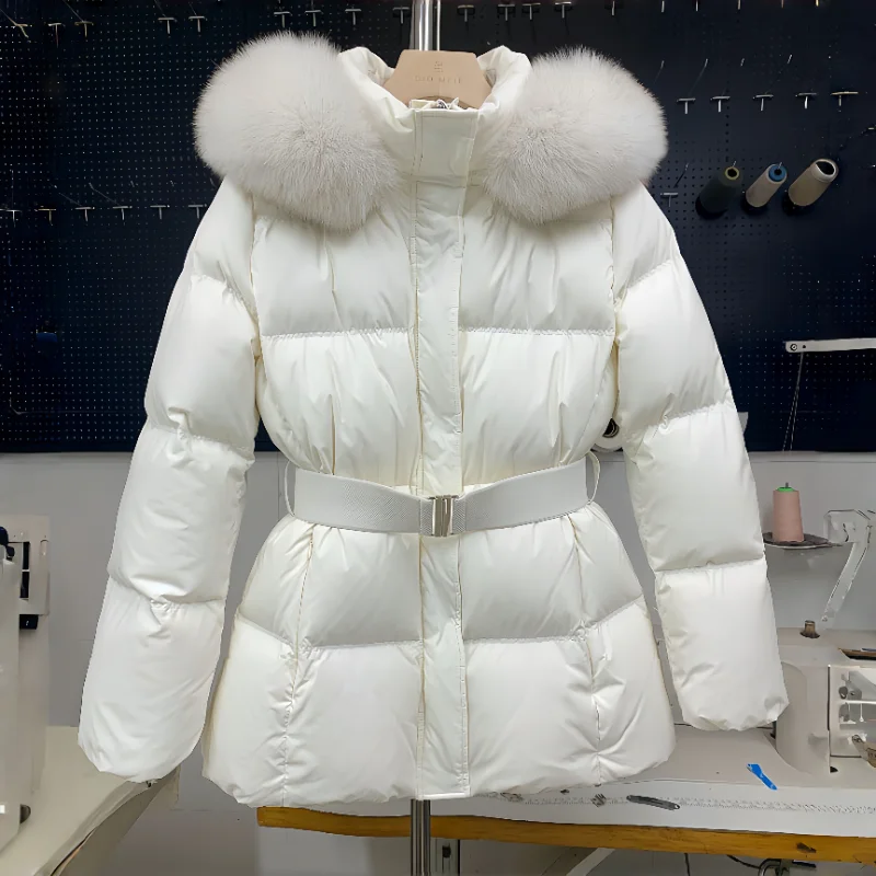 

Women's Thiened Cotton Jaet Winter Coat with Waist-Cinching Belt Large Fur Collar ort Sle Korean Version Casual Wear