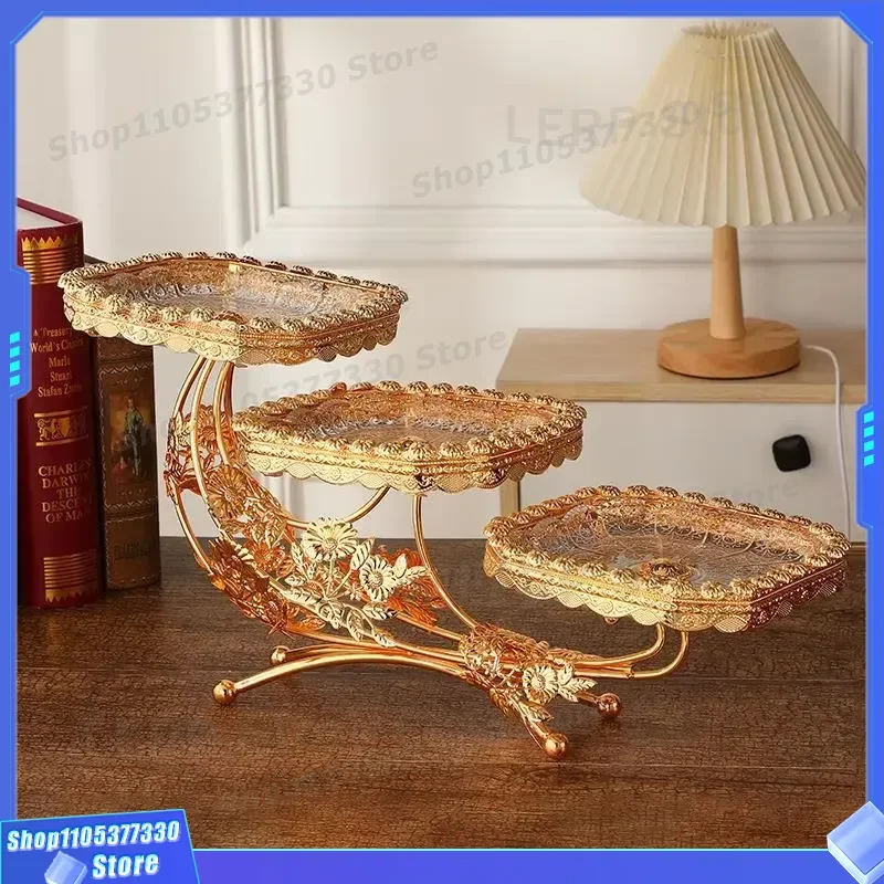 European Light Luxury Retro Three Layer Rectangular Fruit Plate Creative Home Pastry Dried Fruit Tray For Hotel Lobby KTV
