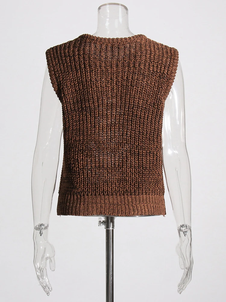 VGH Patchwork Chain Hole Hollow Out Knitting Sweater Vest For Women Round Neck Sleeveless Solid Minimalist Loose Pullover Female