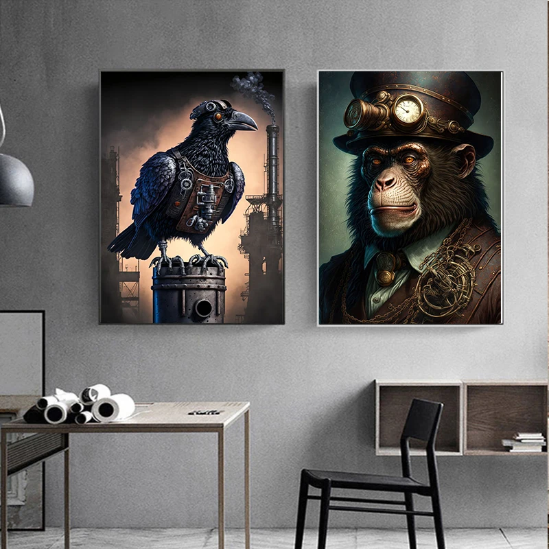 Vintage Steampunk Cat City Poster Retro Animals Owl Raven Frog Monkey Wall Art Canvas Painting Prints Pictures Home Room Decor